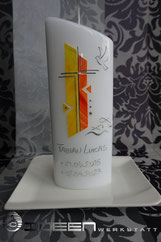 Taufkerze, Babykerze, Kerze Regenbogenfarben, Regenbogen, Farbe, orange, gelb, bunt, Taufe, Taube, Taufsymbole, Fisch, Wasser, Taufkerze schlicht, 