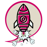 Comic-Illustration einer startenden Rakete in Pink und Beige – Symbol für den Infotainment Booster.