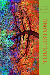 Book cover with bright, multicolored painting of a tree. The book is called TOUCHSTONE.