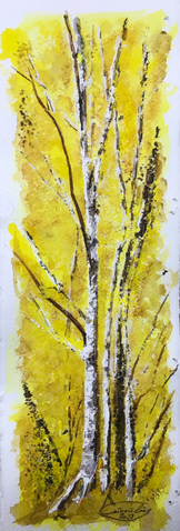 `Drei weiße Birken´, 2023, 14 x 45 cm, Aquarell, Spachtelmasse, Bitumen