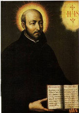 Portrait de Ignace de Loyola (1491-1556), fondateur de la Compagnie de Jésus (Les Jésuites), on y voit distinctement le monogramme IHS ainsi que les trois clous