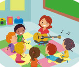 Grafik, Kinder mit Musikerzieherin beim Singen
