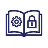 Icon eines geöffneten Handbuchs mit Zahnrad und Schloss – steht für individuelles IT-Notfallhandbuch und Sicherheitskonzepte
