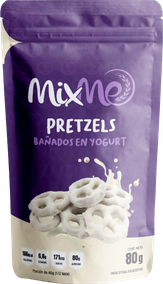 PRETZELS BAÑADOS EN YOGURT. Riquísimos pretzels malteados bañados en yogurt. Presentación 80Grs. Origen Argentina