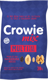 MIX DE FRUTOS MULTITAS KING, con pasas de uva, maní, banana y nueces. Presentación: 30gr. Apto celíaco, vegano y Kosher Parve: Bobek. Origen Argentina.