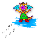 La mascotte dragon Momelix dans une flaque d’eau avec des traces de pas