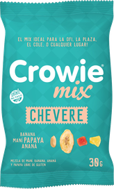 MIX DE FRUTOS CHEVERE. con banana maní, papaya y ananá. Presentación: 30gr. Apto celíaco, vegano y Kosher Parve: Bobek. Origen Argentina.