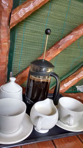 Coffee delivered each morning at the Nhanombe Lodge, Zavora. Dante Harker