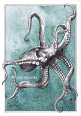 Oktopus - handgemaltes Original Kunstwerk mit Aquarell und Tinte