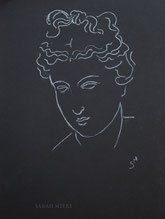 Classical Head Looking Down, line drawing on black by Sarah Myers