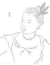 Lady with Feathers and Pearls, line drawing by Sarah Myers