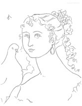 Lady with Curls and a Dove, line drawing by Sarah Myers