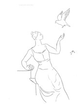 Woman with Dove and Orange, line drawing by Sarah Myers