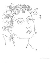 Woman with Flowers and Ribbons, line drawing by Sarah Myers