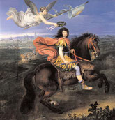 Louis XIV (1638-1715) vêtu à la romaine, couronné par la Victoire devant une vue de la ville de Maestricht en 1673, d’après Pierre Mignard, XVIIe siècle