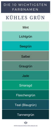 Kühle Grüntöne sind Mint, Lichtgrün, Seegrün, Salbei, Graugrün, Jade, Smaragd, Flaschengrün, Teal, Tannengrün.