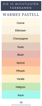 Warme Pastellfarben sind Creme, Elfenbein, Champagner, Nude, Blush, Apricot, Pfirsich, Vanille, Hellgrün und Aqua.