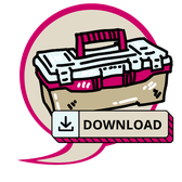 Comic-Illustration einer Werkzeugkiste in Pink und Beige mit Download-Symbol und Aufschrift ‚Download‘, Symbol für die Toolbox.
