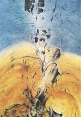 non figuratif, ocre, bleu, blanc, noir, graphique