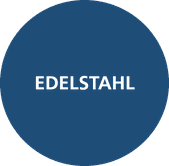 Blauer Kreis mit weißem Text „Edelstahl" - laseric.de