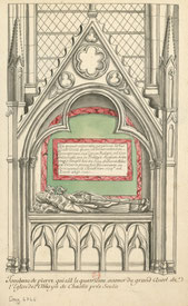 Dessin du tombeau de Guérin, évêque de Senlis, mort en 1227. Tombe monumentale autrefois adossée au mur du chevet du chœur de l'abbatiale. Collection Roger de Gaignières