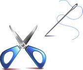 Illustration einer blauen Schere und einer Nadel mit Faden.