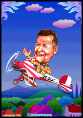 Karikaturen zeichnen lassen, ein Doppeldecker mit Pilot in der Luft.