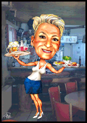 Karikaturen zeichnen lassen, eine Kellnerin im Cafe.