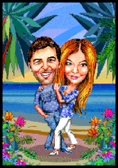 Karikaturen zeichnen lassen, ein Paar urlaubt in der Südsee.
