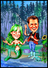 Karikatur zeichnen lassen, ein Angler und eine Nixe.