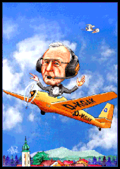 Karikaturen zeichnen lassen, ein Motorsegler fliegt über ein Dorf.