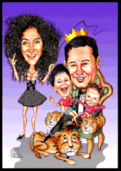 Karikatur zeichnen lassen, eine wiener Familie mit Löwen.