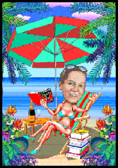 Karikaturen zeichnen lassen, eine Frau im Liegestuhl am Strand.