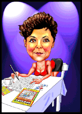 Karikaturen zeichnen lassen, eine Frau löst ein Kreuzworträtsel.
