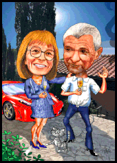 Karikaturen zeichnen lassen, mit einem Ferrari im Urlaub.