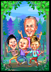 Karikaturen zeichnen lassen, ein Mann wandert mit Kindern.