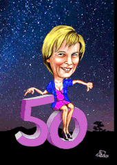 Karikaturen zeichnen lassen, eine Frau fürchtet den 50. Geburtstag.