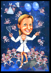 Karikaturen zeichnen lassen, eine Geburtshelferin mit Babys.