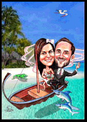 Karikaturen zeichnen lassen, ein Hochzeitspaar in der Karibik.