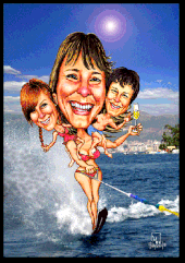 Karikaturen zeichnen lassen, eine Frau fährt Wasserschi.