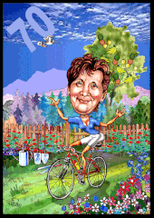 Karikaturen zeichnen lassen, eine Frau feiert den 70. Geburtstag auf dem Fahrrad.
