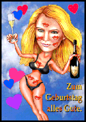 Karikaturen zeichnen lassen, Geburtstag einer blonden Frau mit Champagner.