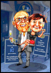 Karikaturen zeichnen lassen, ein Mann feiert seinen 80. Geburtstag mit seiner Frau.