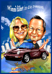 Karikaturen zeichnen lassen, ein Paar fährt mit einem Porsche in die Pension.