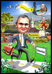 Karikaturen zeichnen lassen, ein Mann eilt in die Pension.