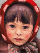 ノリコミシマの描く人物、赤ずきんをかぶった女の子の油絵、norico mishima’s portrait oil painting(Little Red Riding Hood).