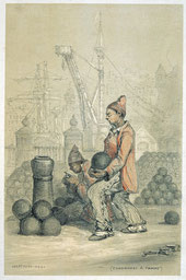 Jules Noël, Condamnés à temps, « Les Bagnes », 1844, dessin au crayon rehaussé de couleurs, collection musée des beaux-arts de Brest.