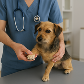 Hund auf dem Untersuchungstisch zu einer Untersuchung der Propriozeption
