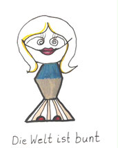 Weibliche bunte Comic-Figur Wirrlies, die lächelt und mit der Unterschrift Die Welt ist bunt