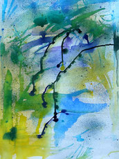 Die Pinselstriche tanzen über das Papier. Die Farben fließen.  Blau und gelb vermischt sich zu grün. Sehr beschwingtes Bild. Abstrakt. Aquarellig.